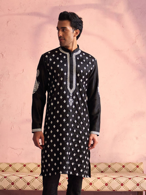 Men's Black Silk Blend Embroidered Ethnic Kurta